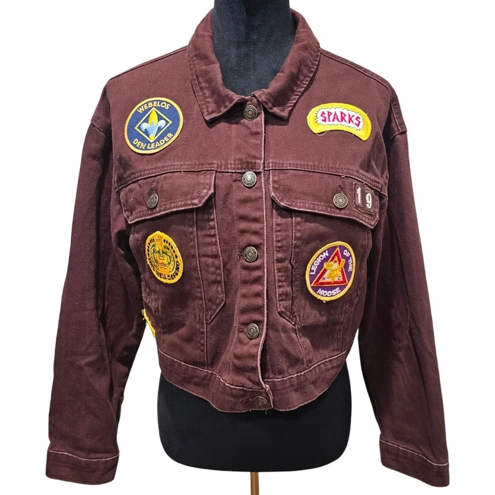 Stoosh Patchwork Denim Jacket Women Sz‎ L Brown Cropped Scout Patches Streetwear
